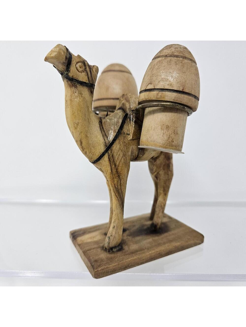 Vintage Wooden Hand Carved Camel With Salt & Pepper Shakers Saddle Bags